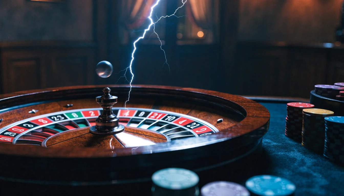 Roulette wheel with dramatic lightning striking the ball on a casino table