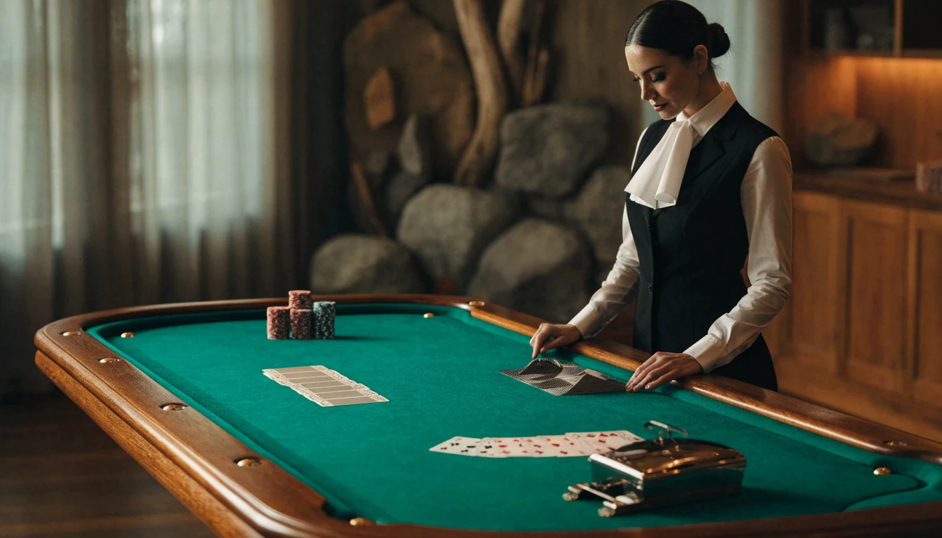 Live baccarat table with dealer and chips in elegant studio