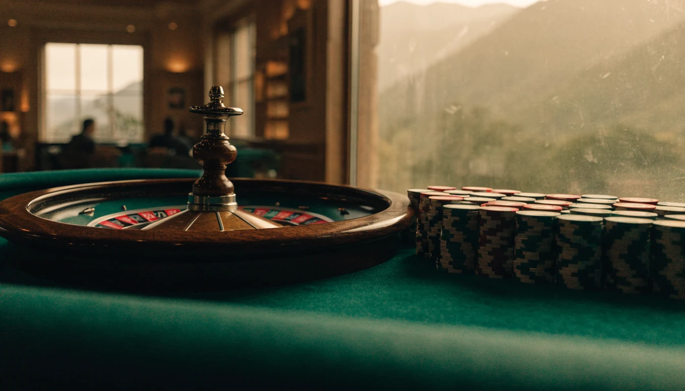 Elegant roulette wheel and chips in a live dealer studio with a New Zealand mountain view