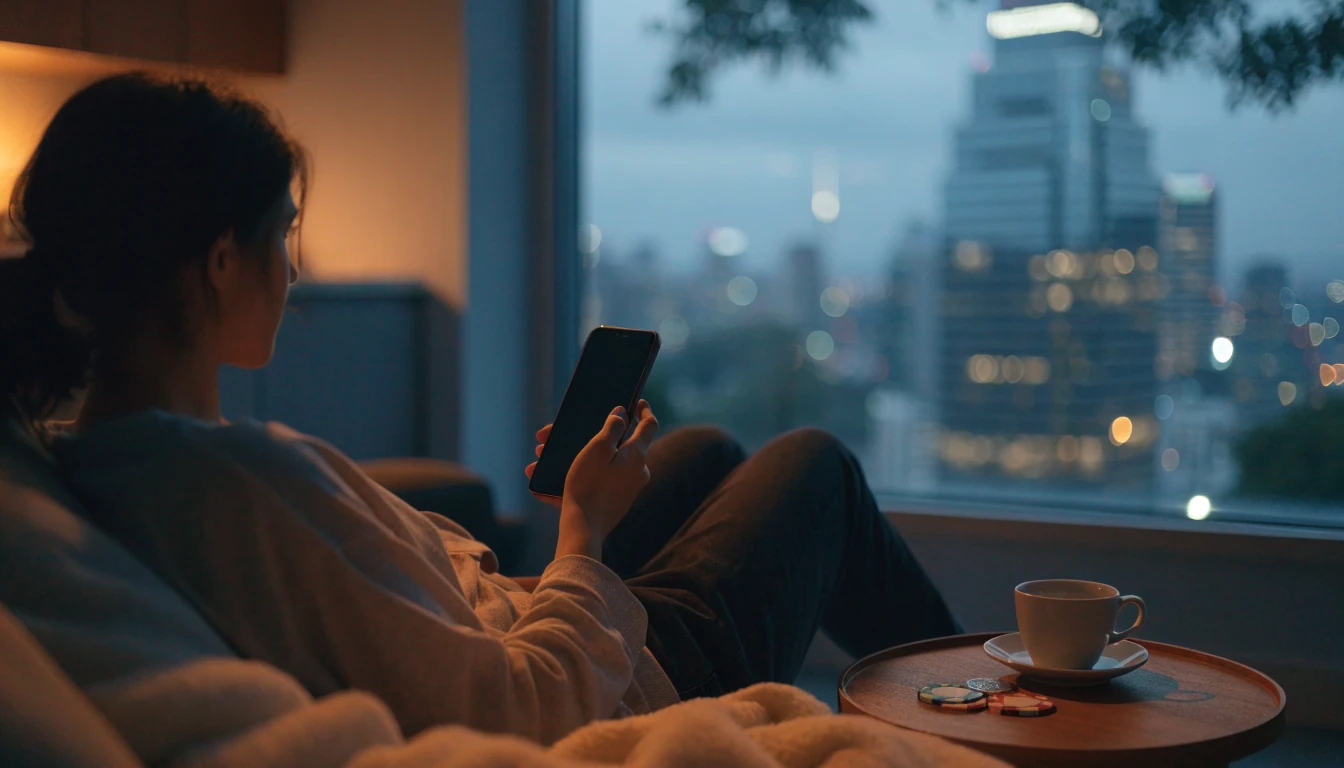 Person relaxing at home in New Zealand with a smartphone, chips and tea on the table