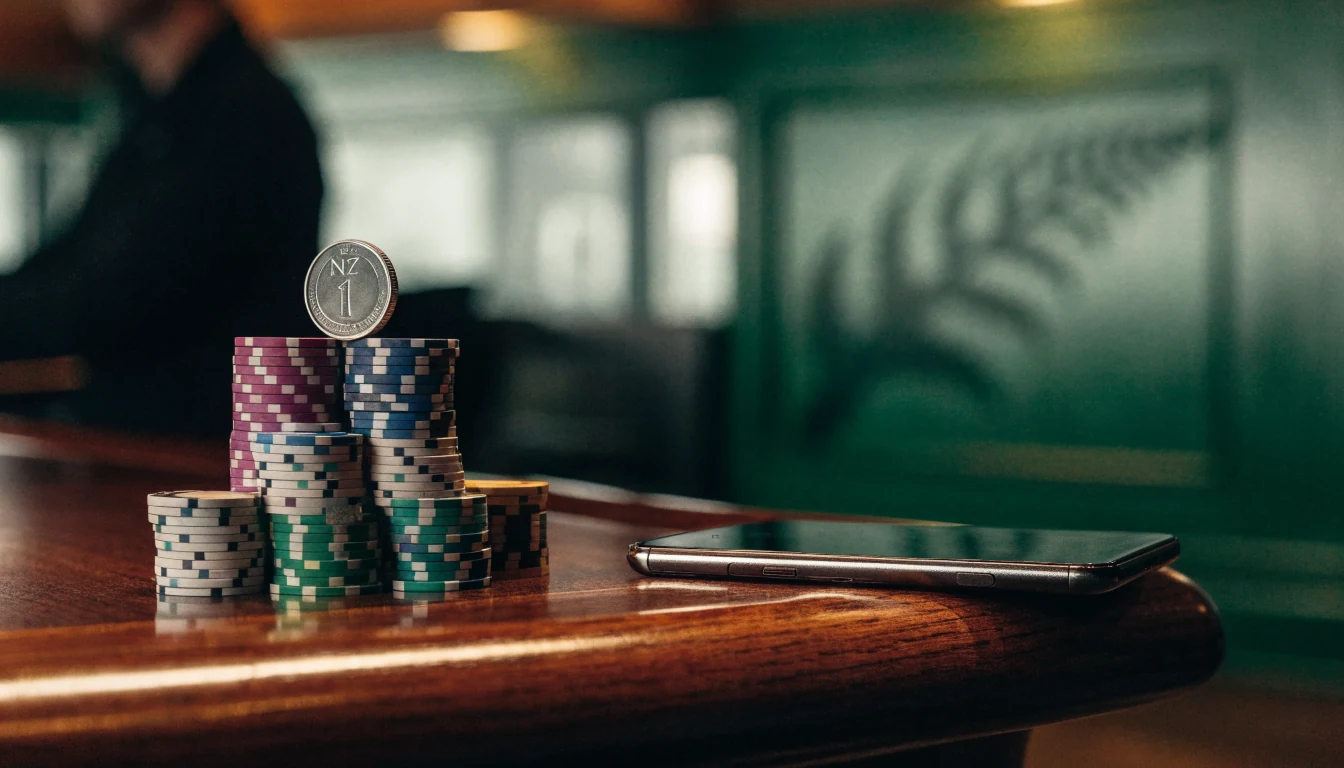 Casino table with stacked chips and a small NZ dollar coin, smartphone face-down, New Zealand setting