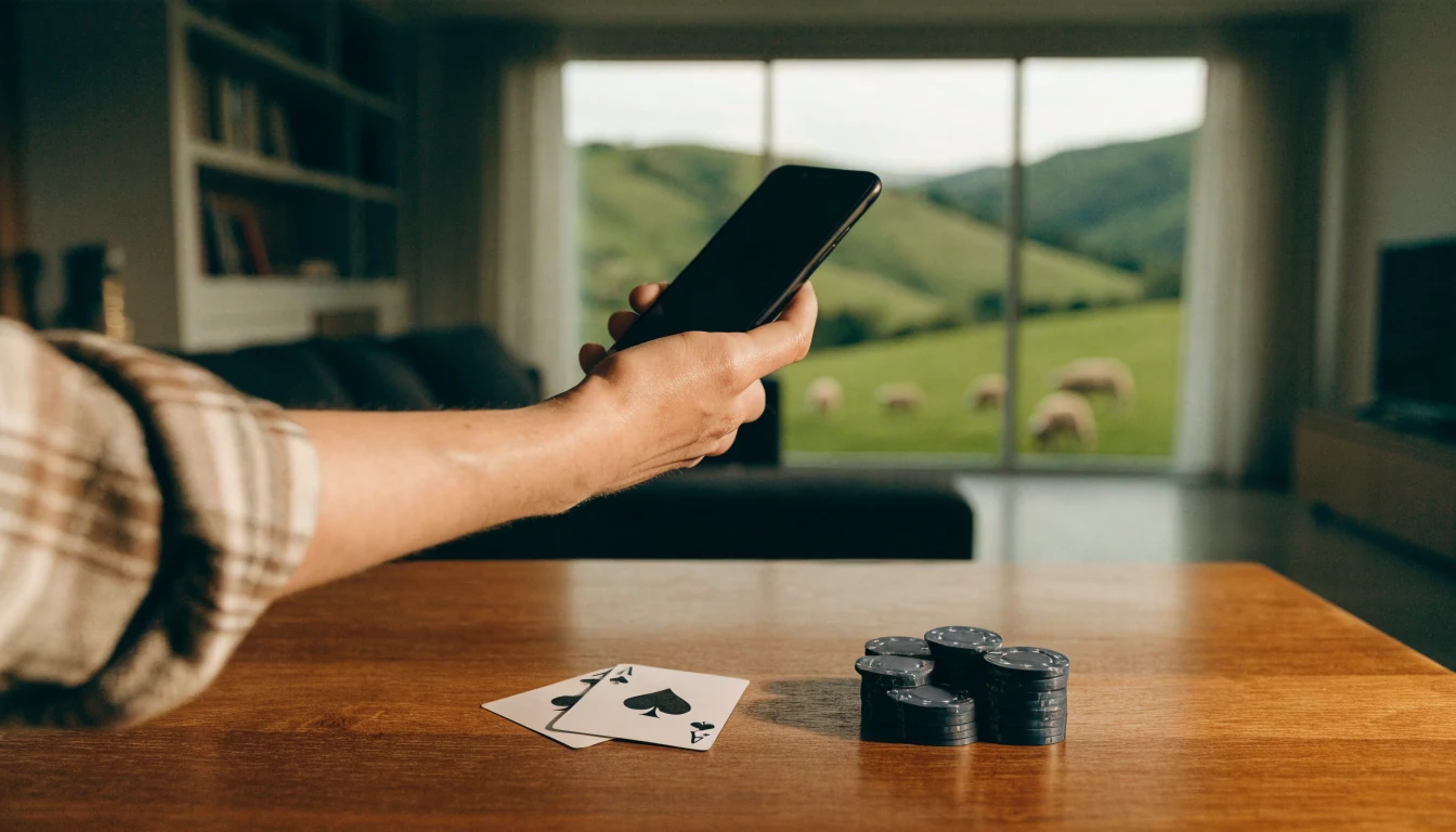Hand holding smartphone near playing cards and chips with New Zealand countryside view