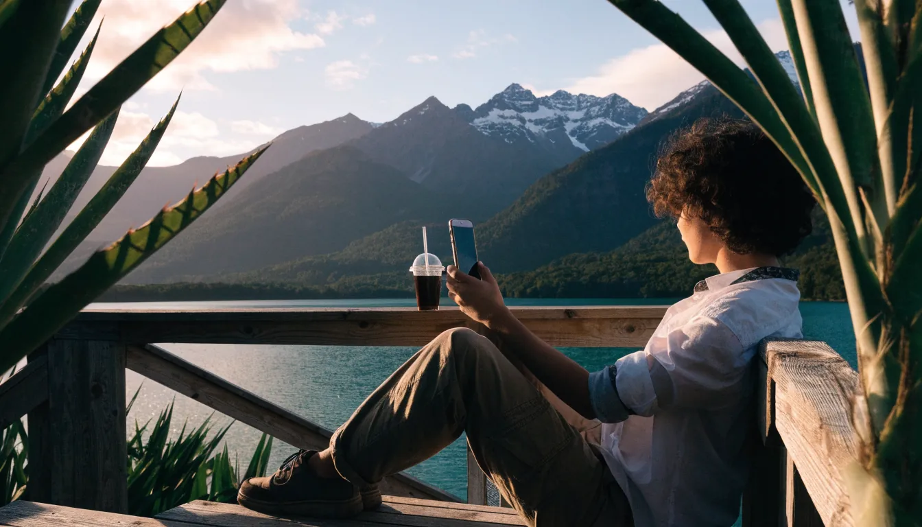 Person playing mobile casino game on smartphone with New Zealand mountain lake scenery