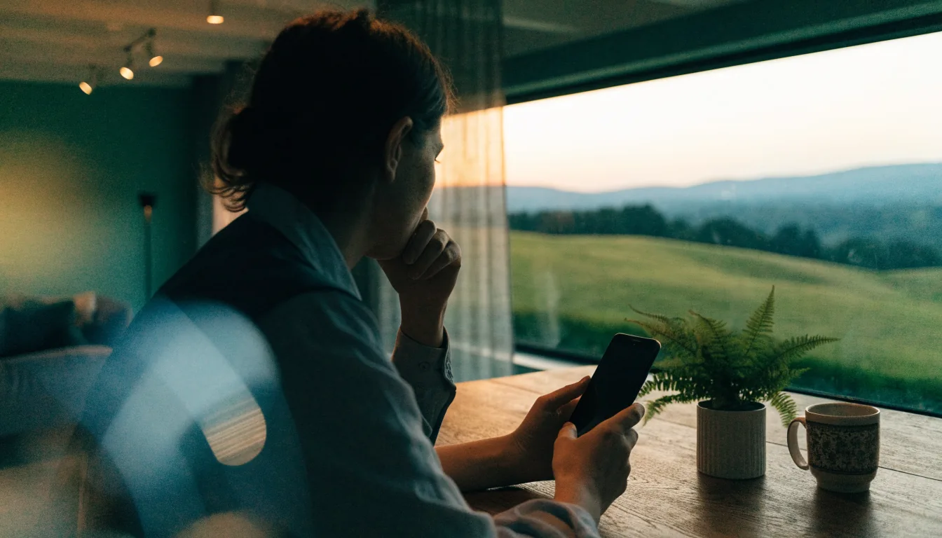 Person with smartphone in New Zealand home at dusk