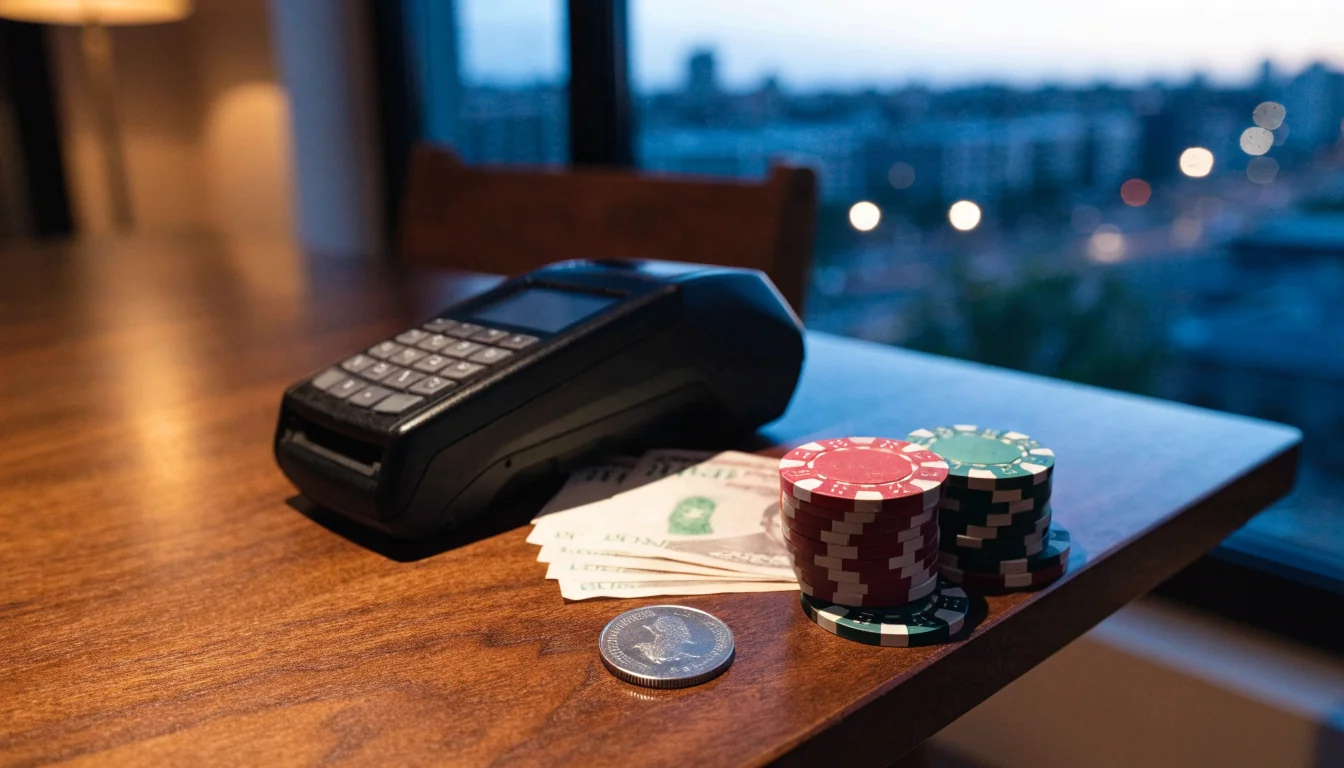 Casino chips beside a payment terminal and New Zealand dollars on a table