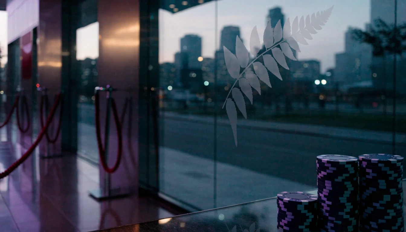 Modern New Zealand casino entrance at twilight with stacked chips and fern motif
