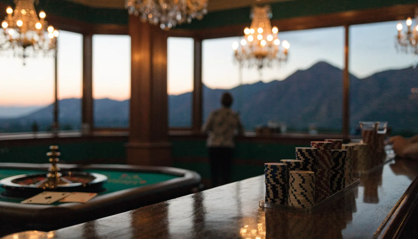 Elegant New Zealand casino interior with chips and roulette wheel at dusk