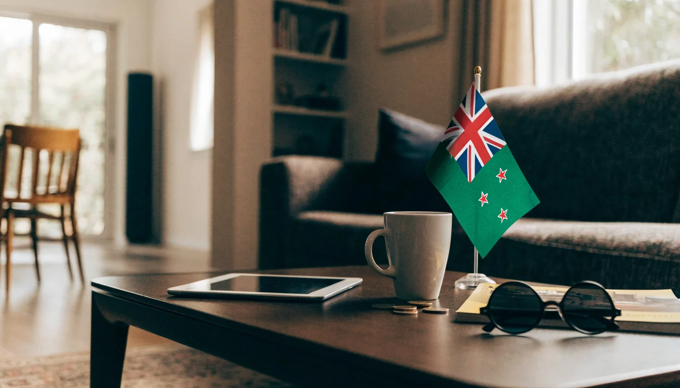 Cozy living room scene with a tablet on a table near a New Zealand flag and coffee cup