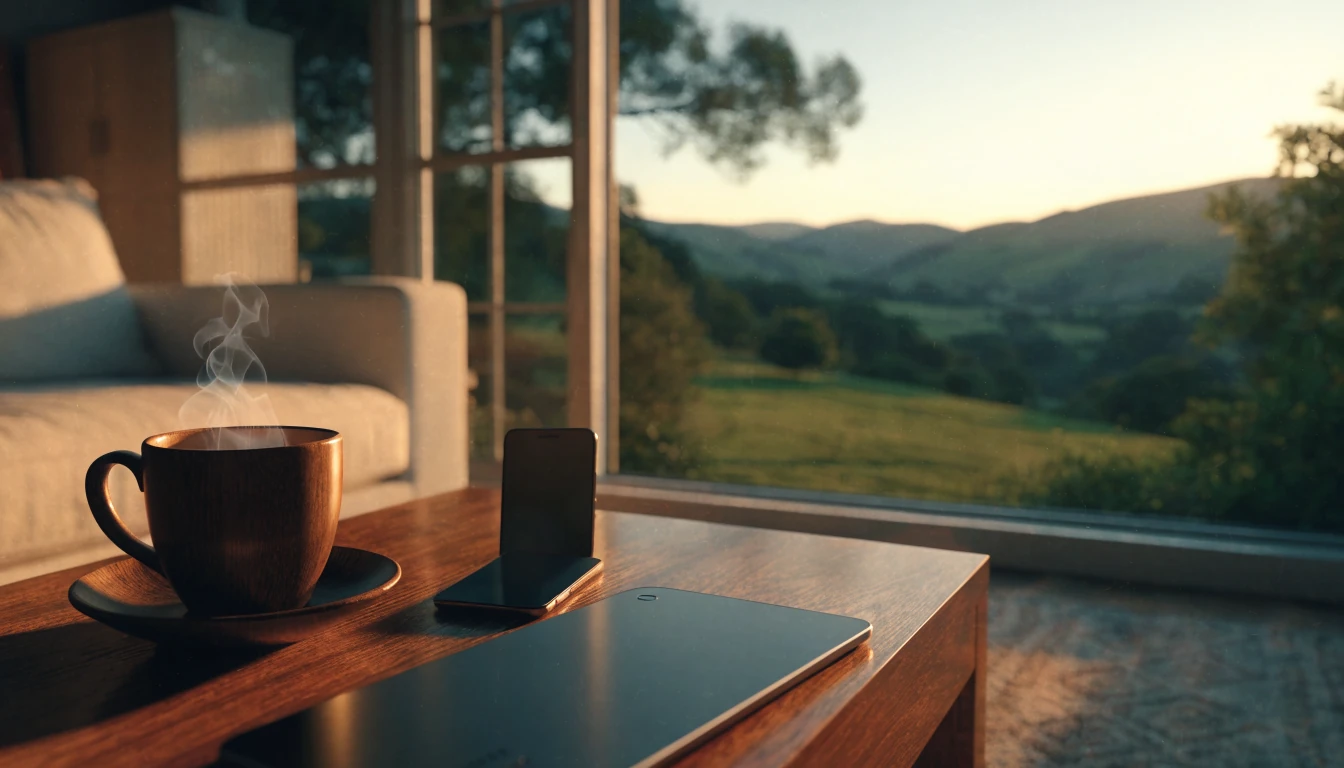 New Zealand living room with mobile devices and countryside view at sunset