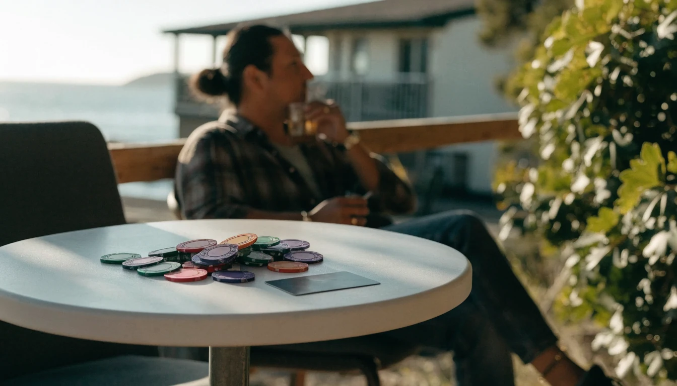 Person at a New Zealand beach table with chips and a face-down card, no screens visible