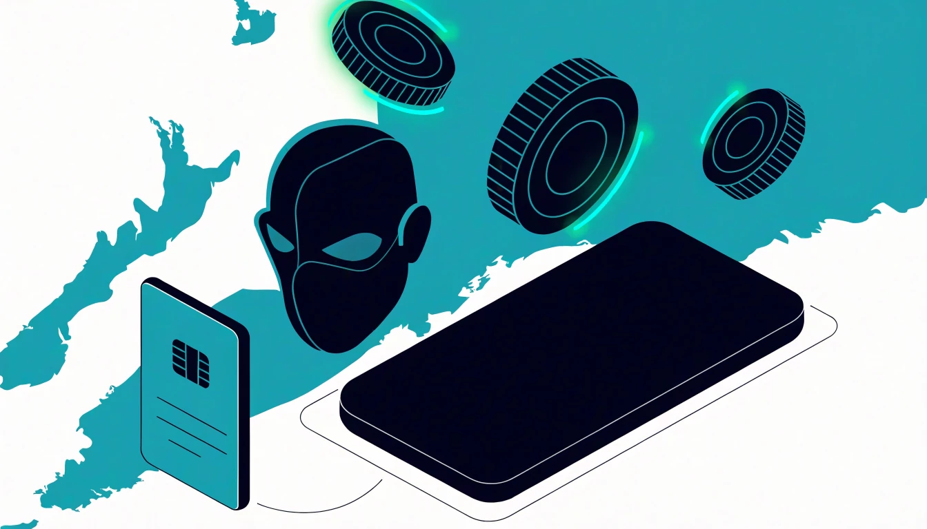 Anonymous access concept with smartphone, crypto coins and wallet in New Zealand style