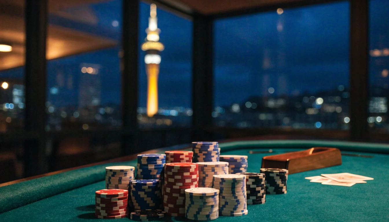 Elegant baccarat casino table with chips and cards overlooking Auckland skyline at night