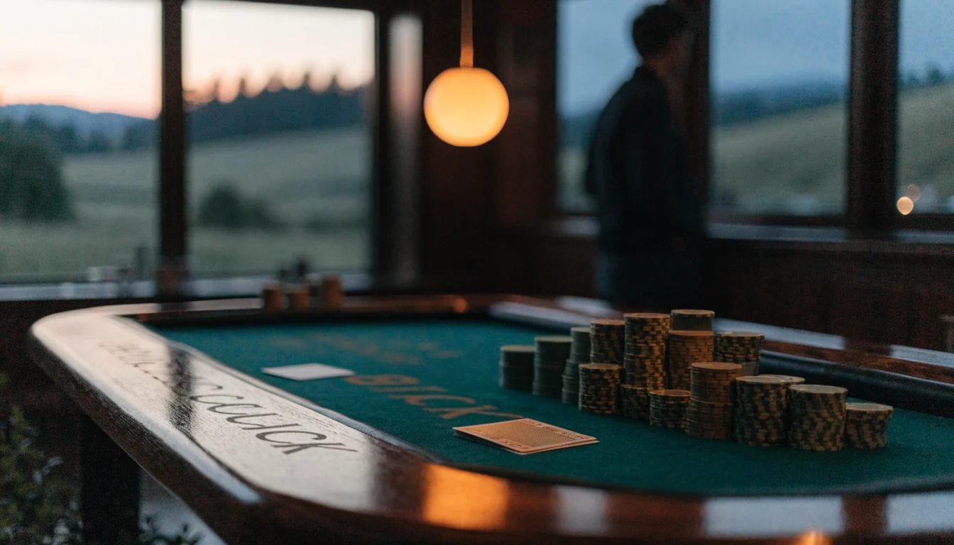 Polished blackjack table with chips and cards, New Zealand hills in background at twilight.