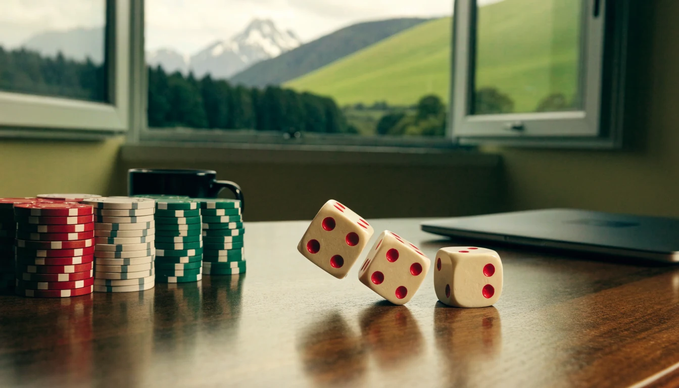 Dice and casino chips on a wooden table with New Zealand countryside view