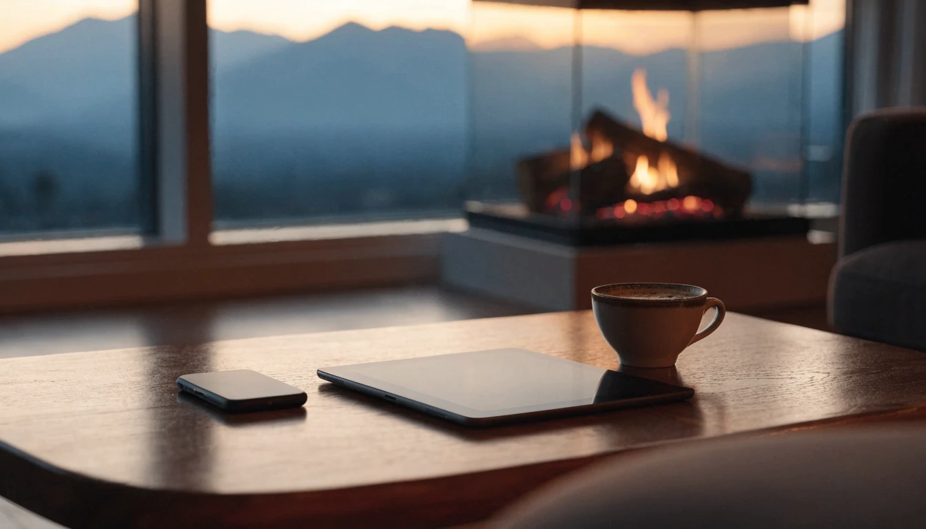 Mobile devices on a coffee table in a cozy New Zealand home at dusk