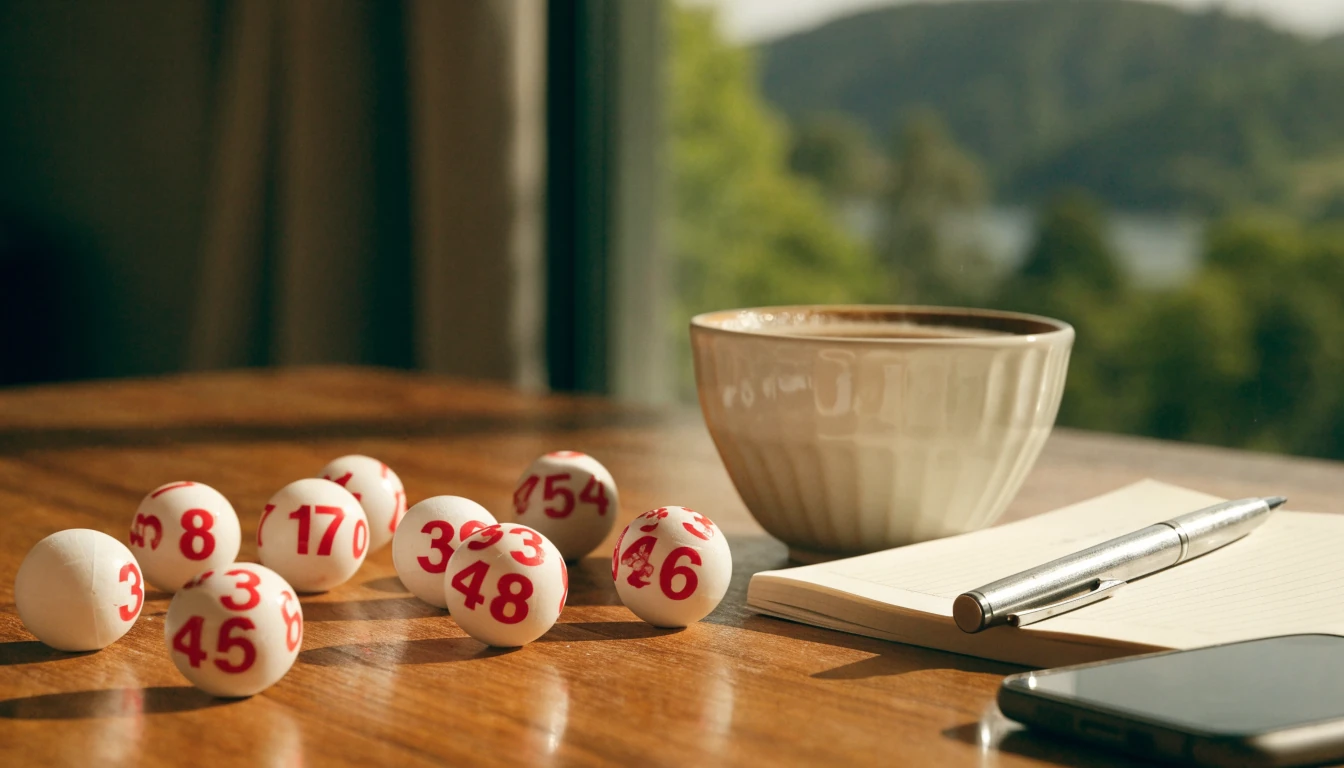 Keno balls with numbers on a wooden table near a face-down phone, New Zealand landscape visible through window