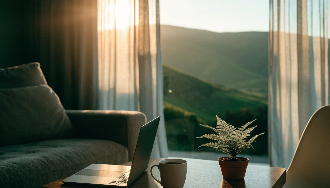 Laptop in a cozy New Zealand home with green hills at sunset