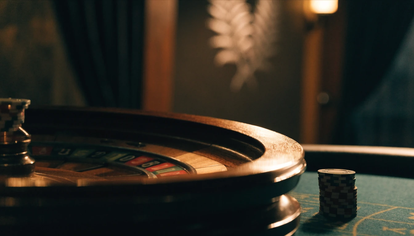 Close-up of a roulette wheel with chips on a green casino table