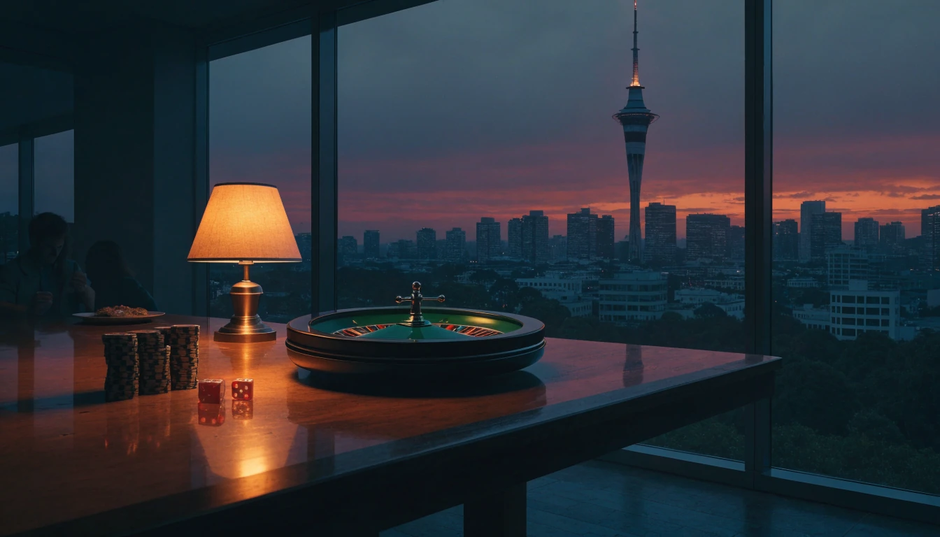 Auckland skyline at dusk with a roulette wheel and casino chips on a table