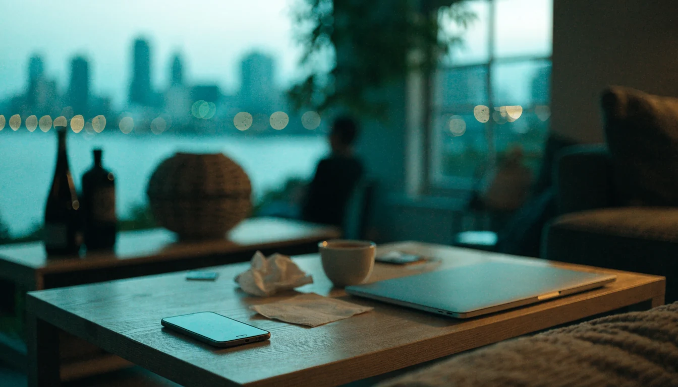 Cozy New Zealand lounge with laptop and coffee at dusk