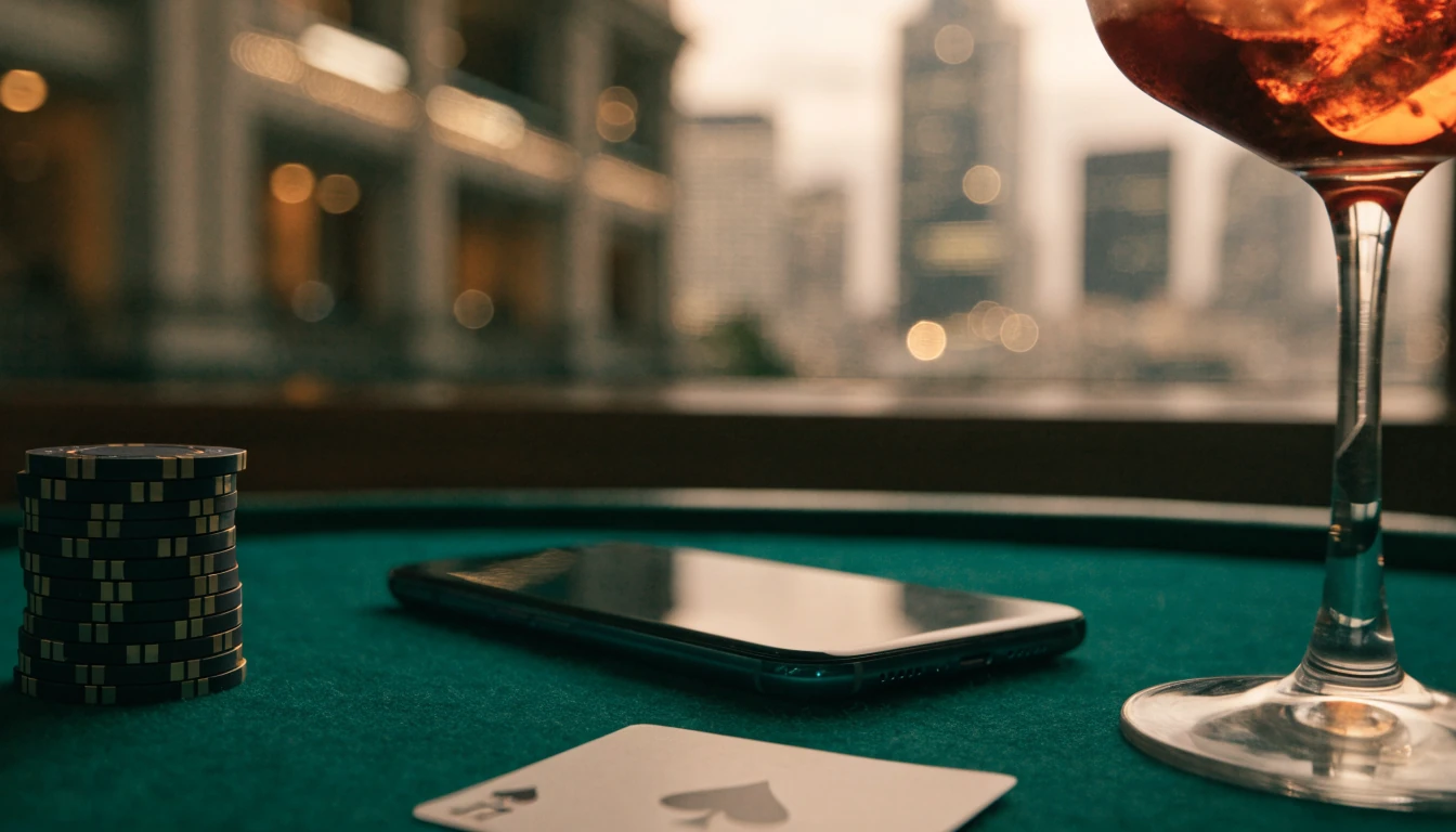 Smartphone on a casino table with chips and a card, New Zealand evening setting