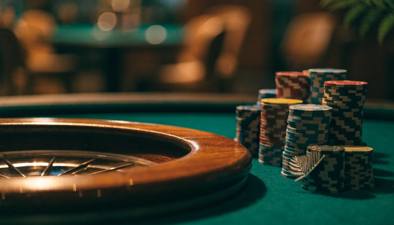 Roulette wheel with casino chips on a green felt table, New Zealand themed.