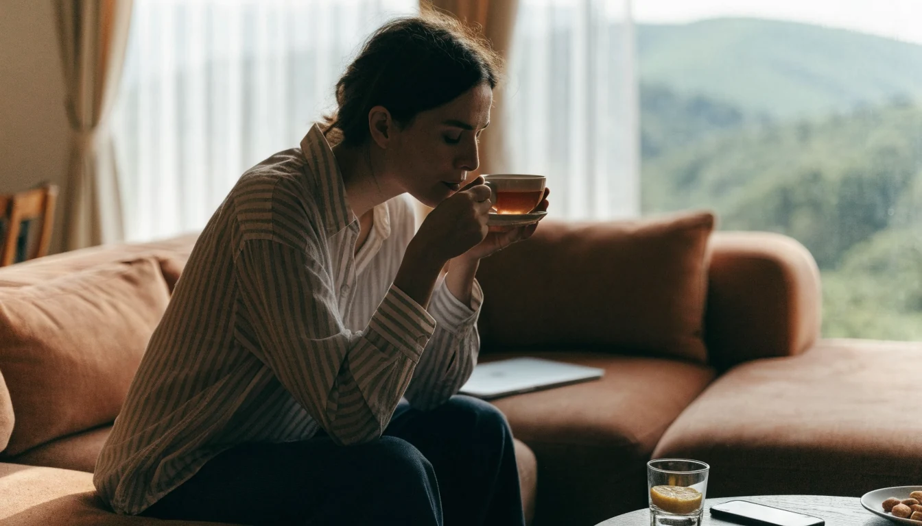 Person relaxing at home in New Zealand with phone face-down, choosing balance over gambling