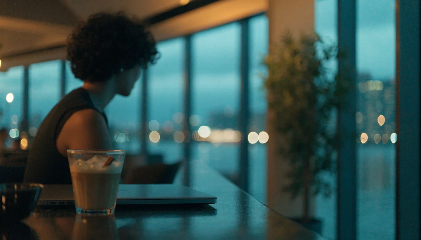 Adult in Auckland lounge with closed laptop, city skyline in background