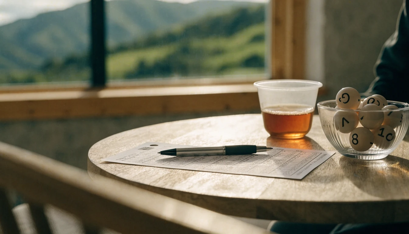 A Keno ticket and numbered balls on a wooden table with a New Zealand countryside view outside the window.