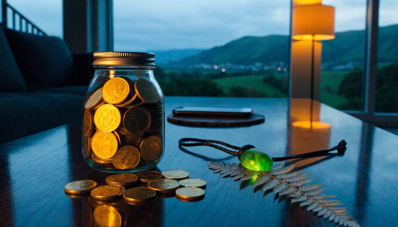 Cozy New Zealand apartment table with golden coins, greenstone pendant, silver fern, and smartphone at twilight.