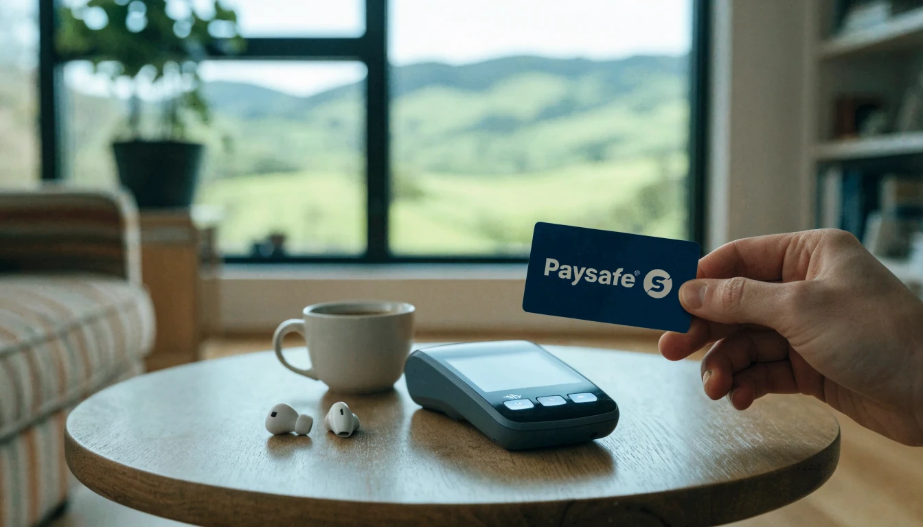 Hand holding a Paysafe card near a payment terminal in a New Zealand home.