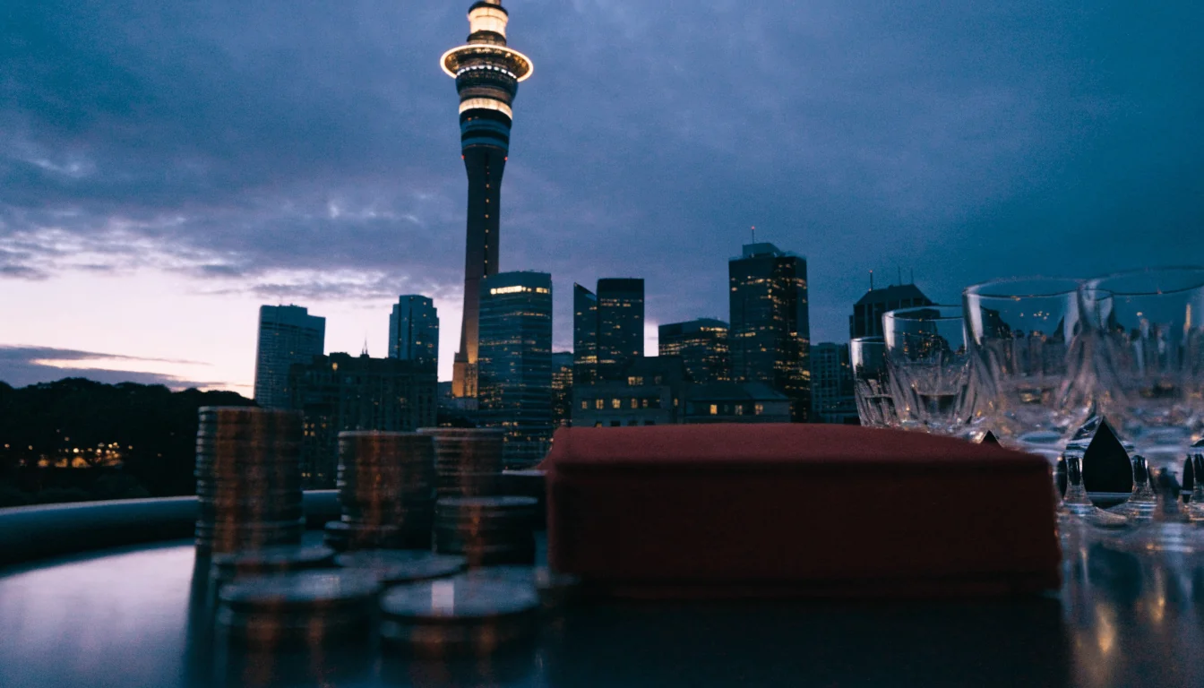 Auckland Sky Tower at twilight with elegant casino table tokens in foreground
