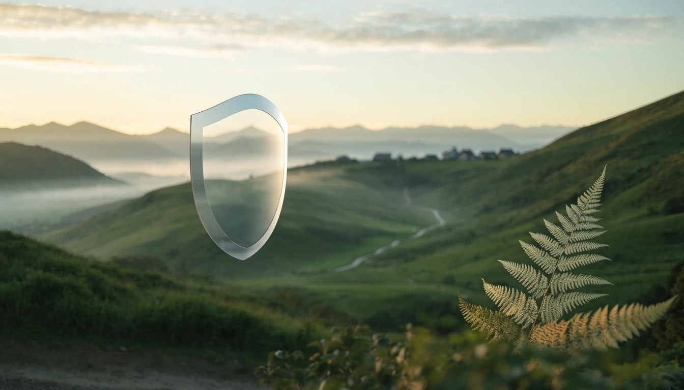 Glowing protective shield over New Zealand landscape with silver fern