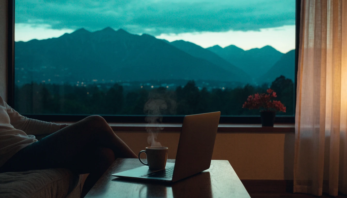 New Zealand home setting with a laptop facing away, Southern Alps twilight view through window.
