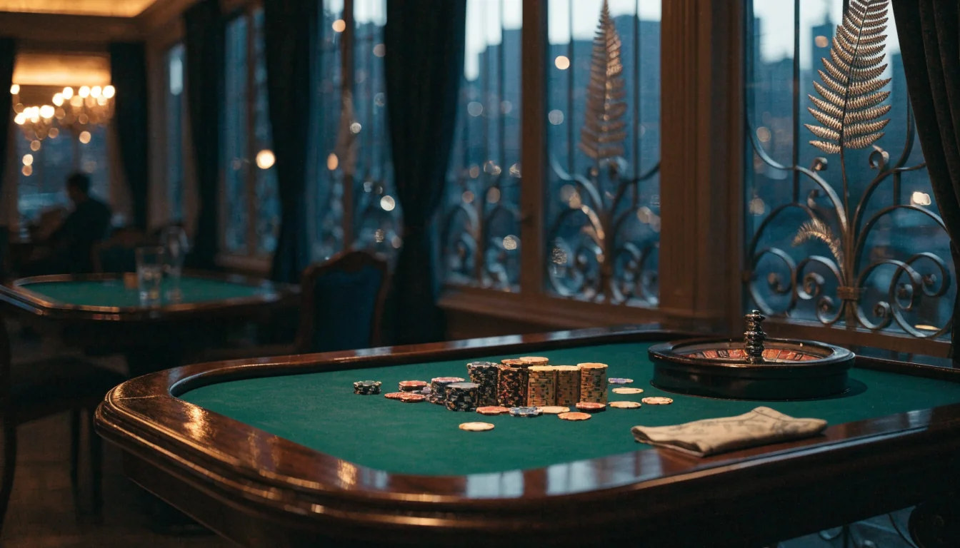 Elegant New Zealand casino lounge interior with roulette wheel and chips on a polished table at dusk