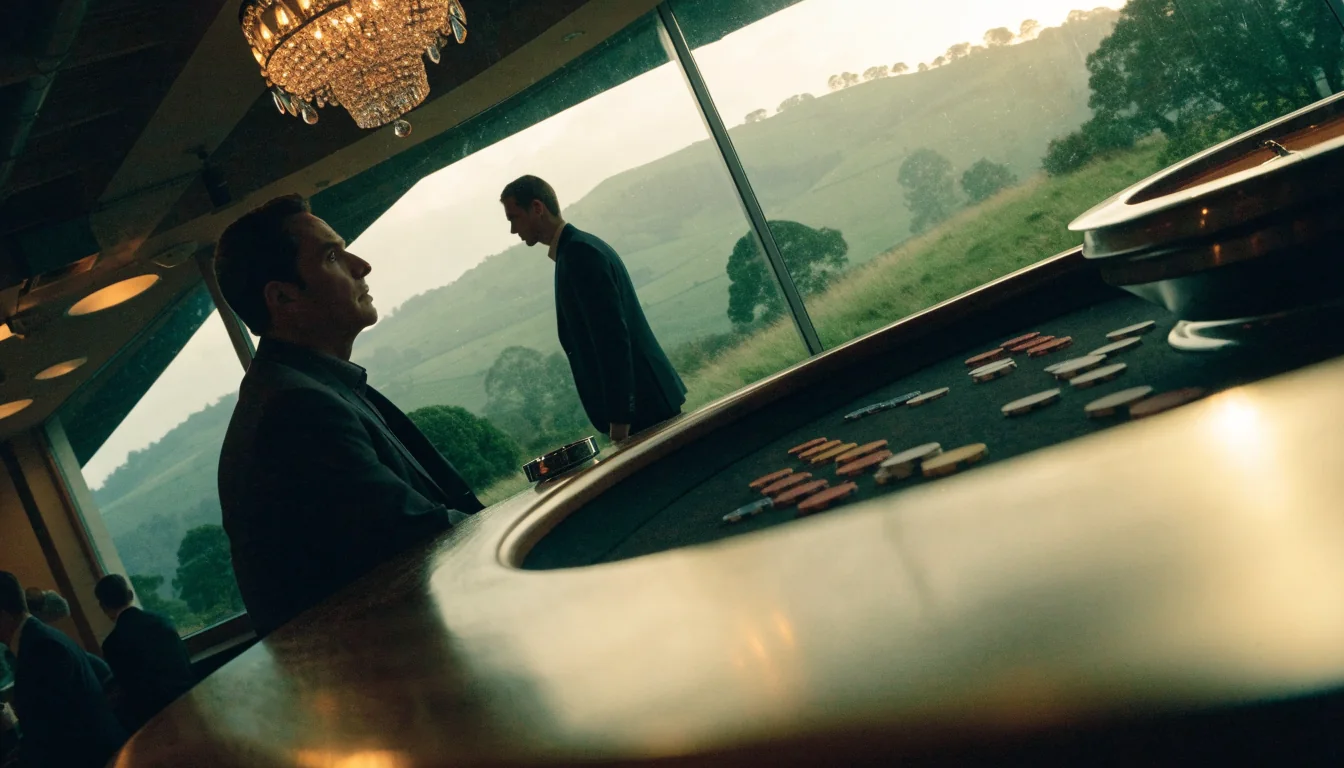 Elegant New Zealand casino lounge with roulette table and misty green hills view