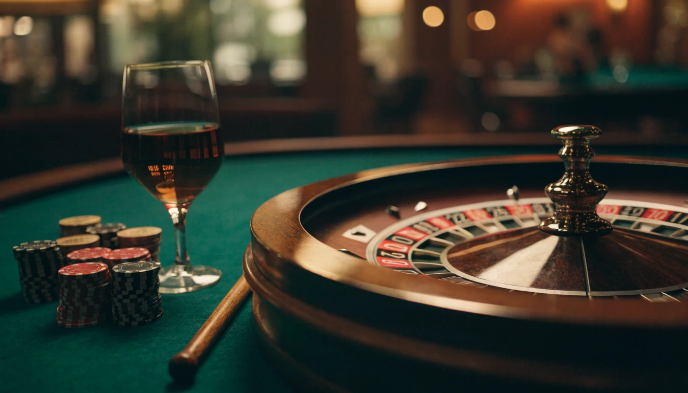 Roulette wheel with stacked chips on a casino table