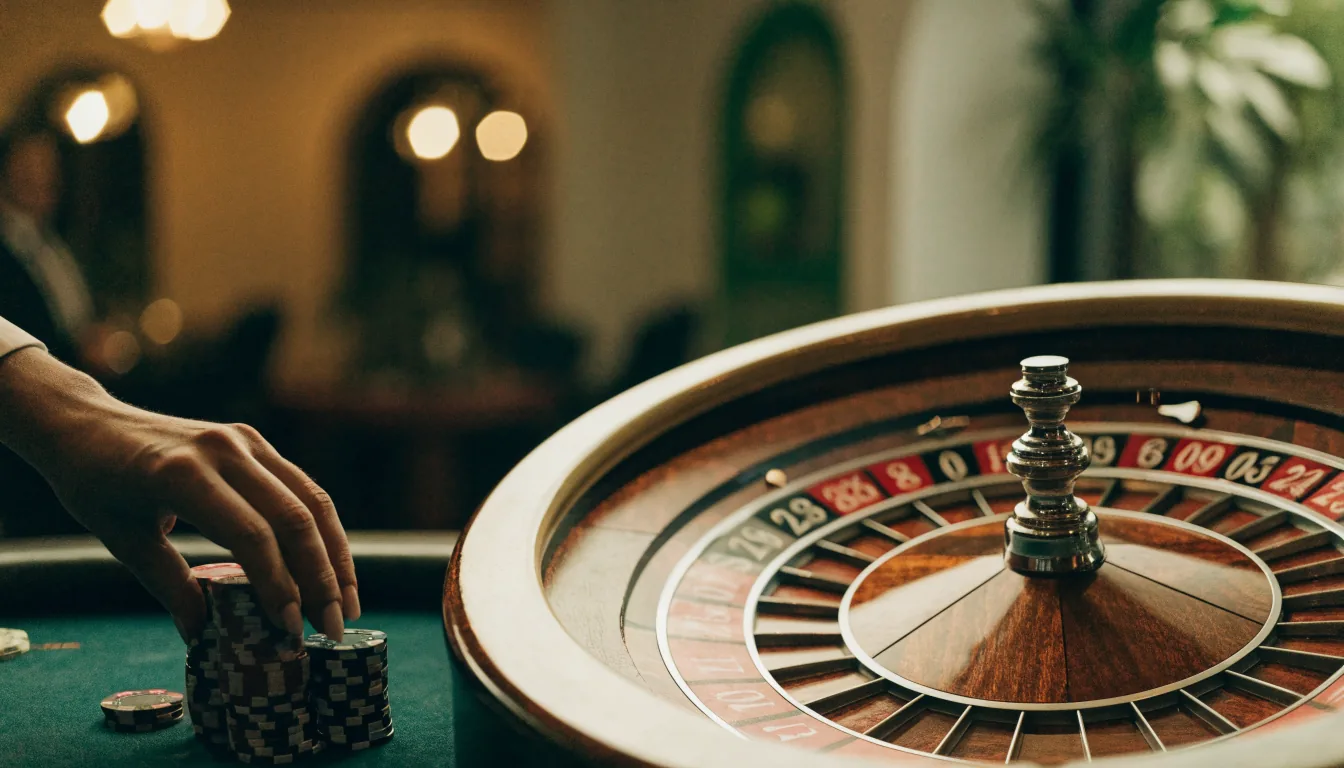Close-up of a European single-zero roulette wheel with chips on a casino table
