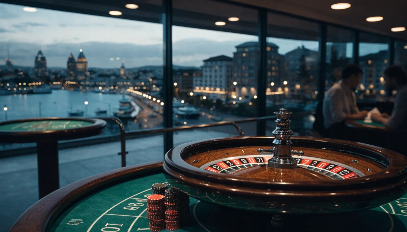 Roulette wheel and casino chips on a table with Auckland skyline view at night.