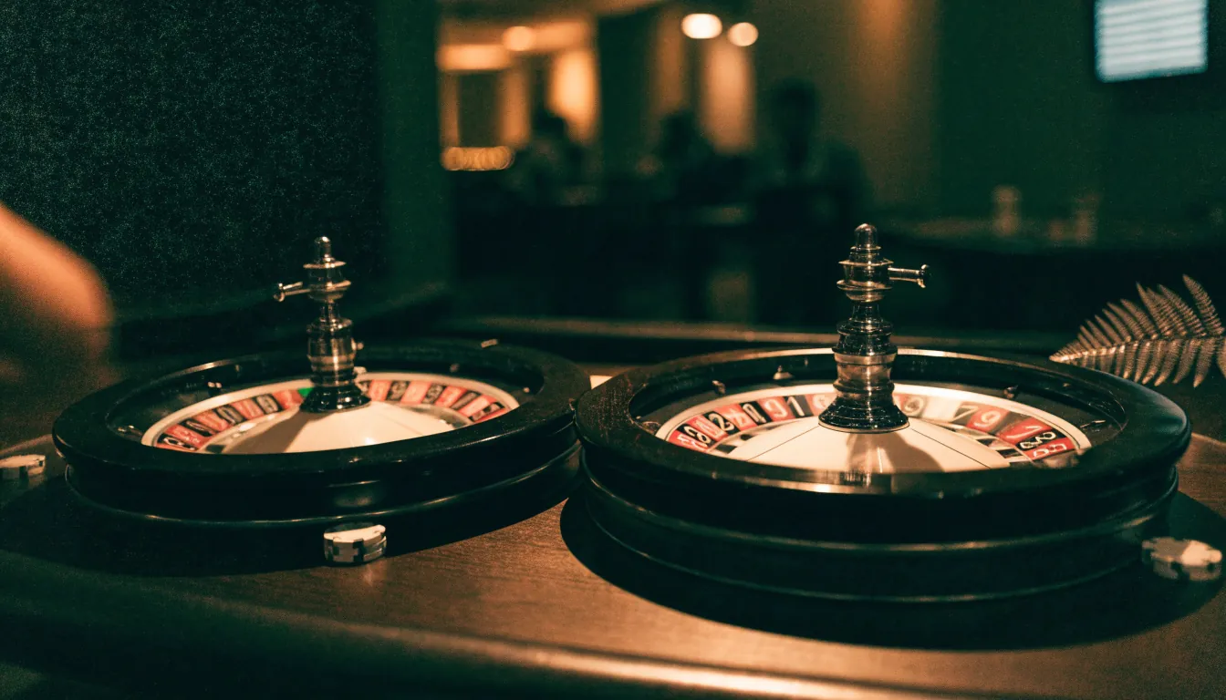 European and American roulette wheels compared on a casino table with a silver fern.