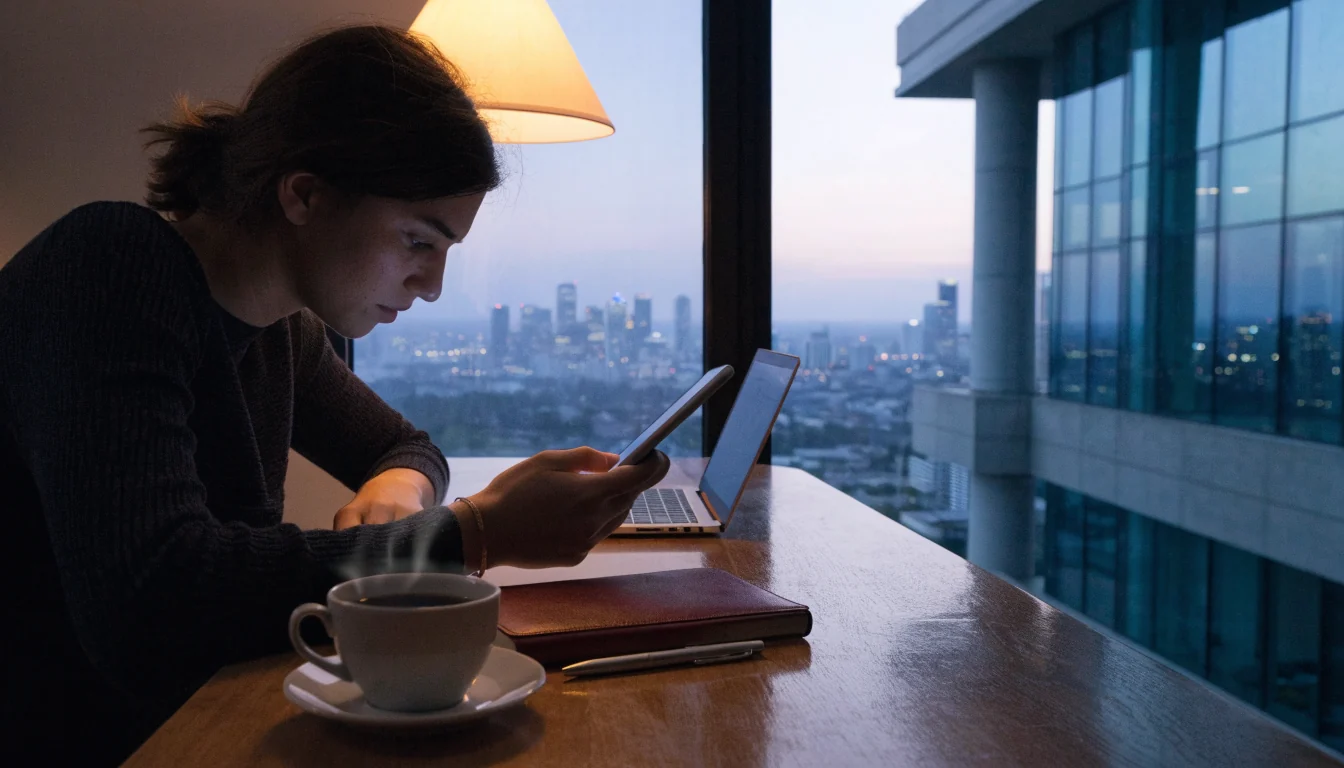 Person in New Zealand apartment reviewing a tablet with a notebook and coffee, suggesting careful and secure online research.