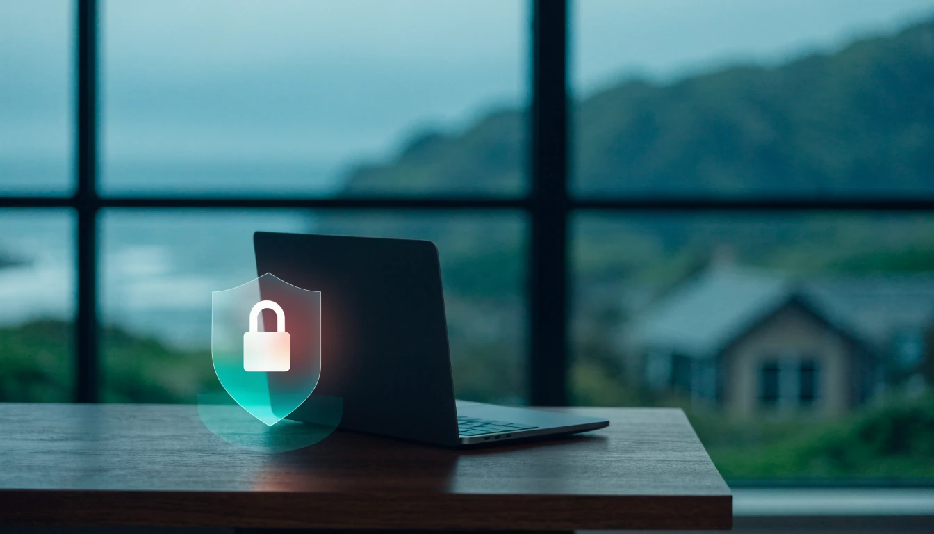Secure laptop with glowing padlock shield near a New Zealand coastal window