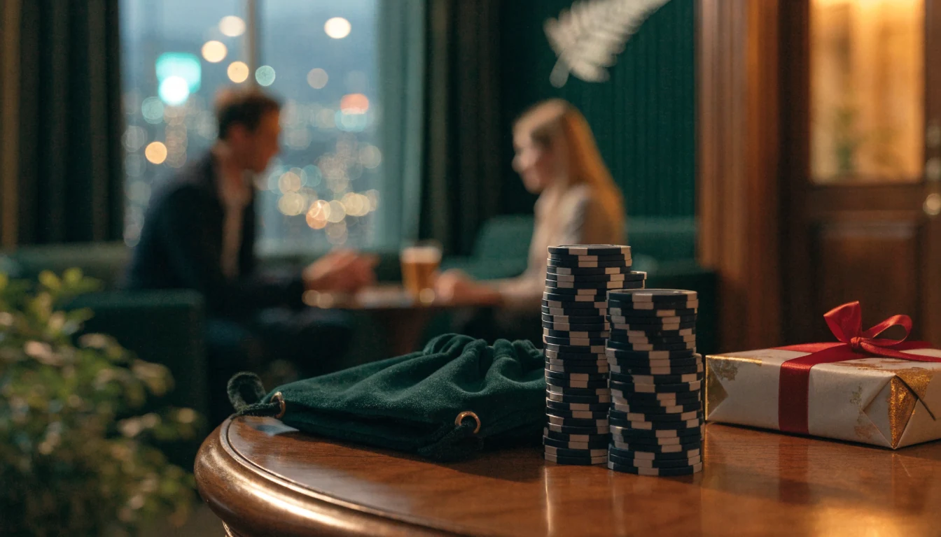 Casino chips and a gift pouch on a table in a New Zealand lounge