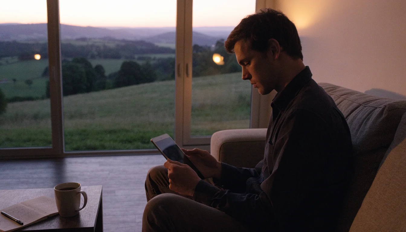 Man holding closed tablet in cozy New Zealand home with green hills view