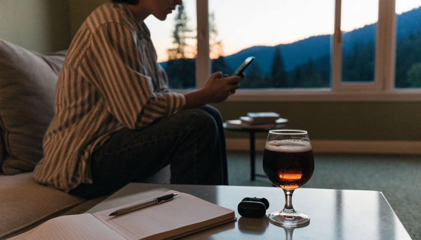 Person relaxing in a New Zealand home with notebook and phone after sunset