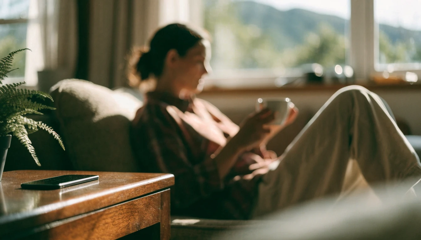 Cozy New Zealand living room scene with smartphone resting face-down on table.