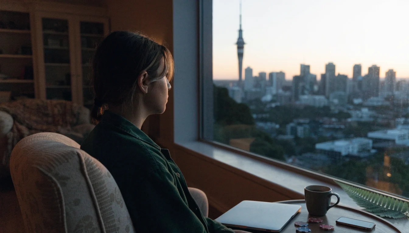 New Zealand lounge with Auckland skyline, laptop face-down and casino chips