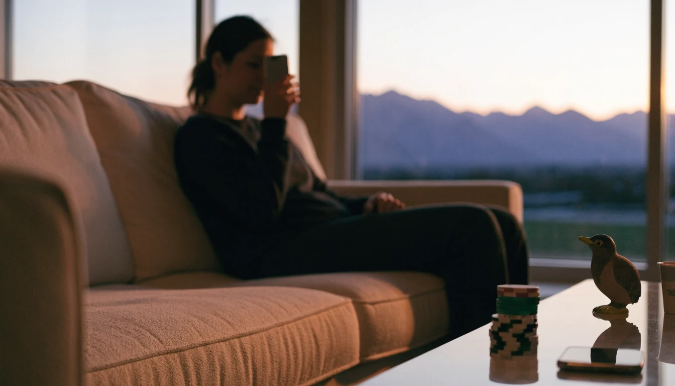 Person relaxing on sofa in modern New Zealand home with smartphone and casino chips on table