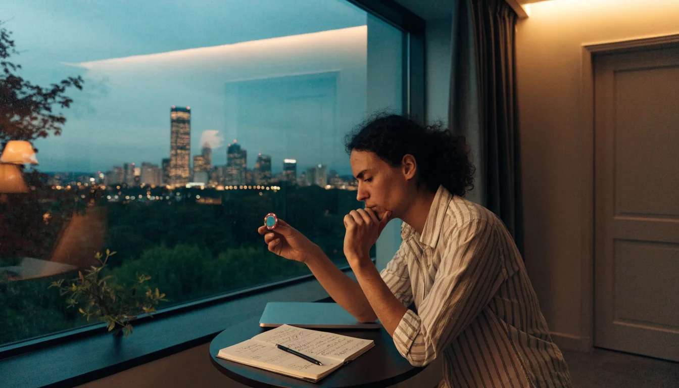 New Zealand player planning casino strategy at a table with notebook and chip at dusk