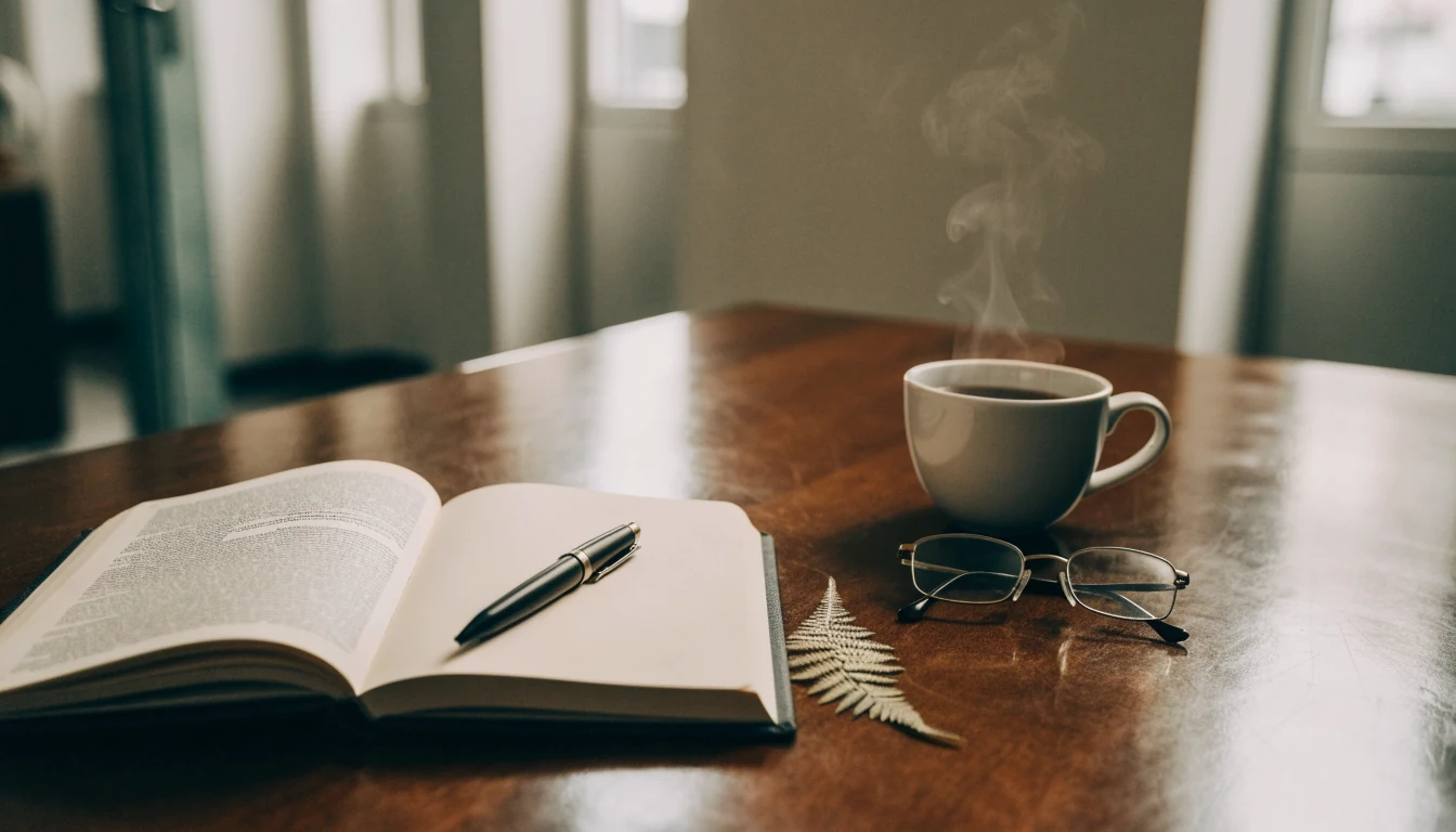 Notebook with terms of use on a wooden desk with coffee and silver fern